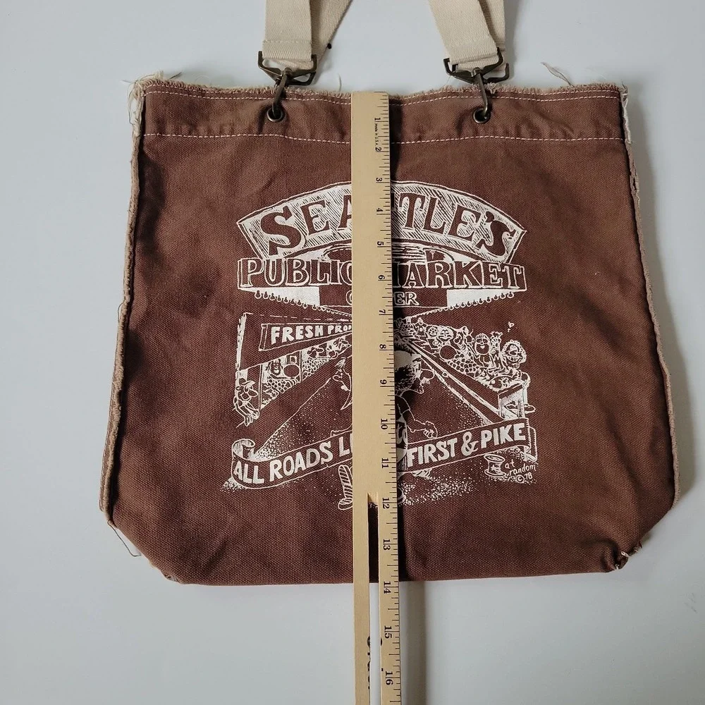 Authentic Pigment Canvas Shopper Tote Brown Seattle Public Market Graphic Vegan - Picture 11 of 15